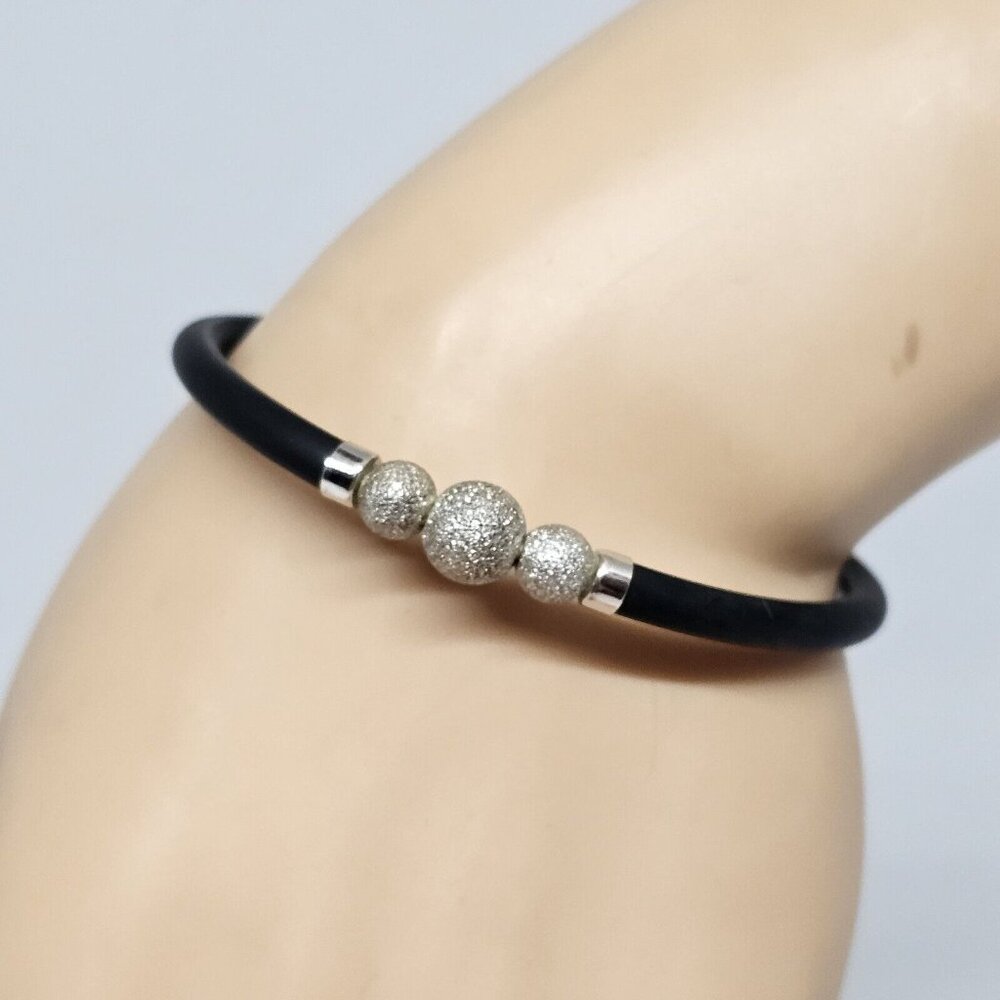 925 Sterling Silver Bead Black Rubber Bracelet Sterling Clasp